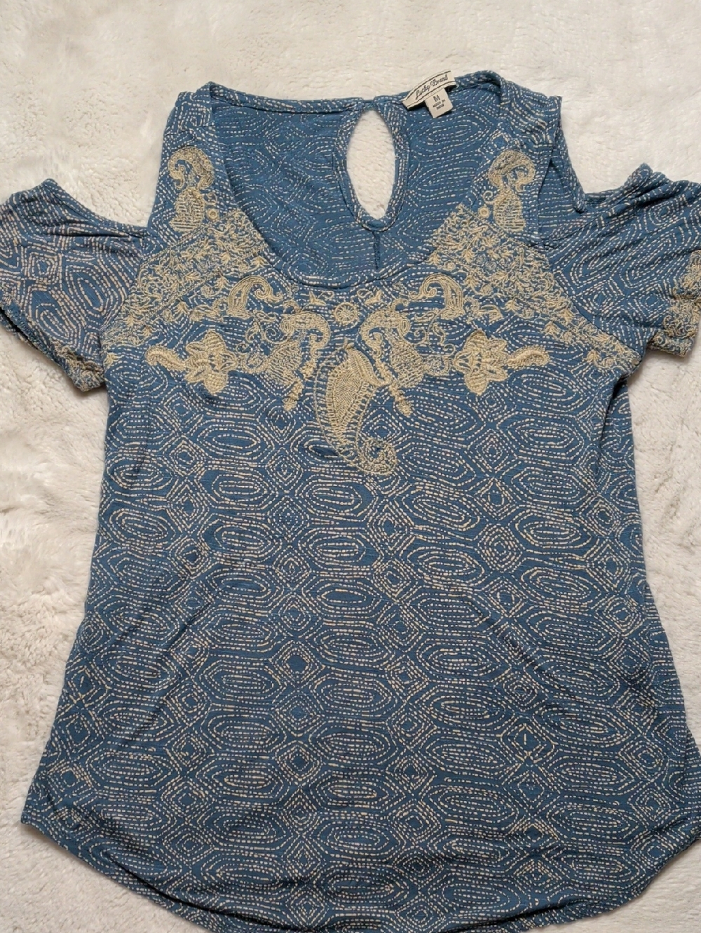 Lucky Brand Blue Cold-Shoulder Top with Cream Embroidery